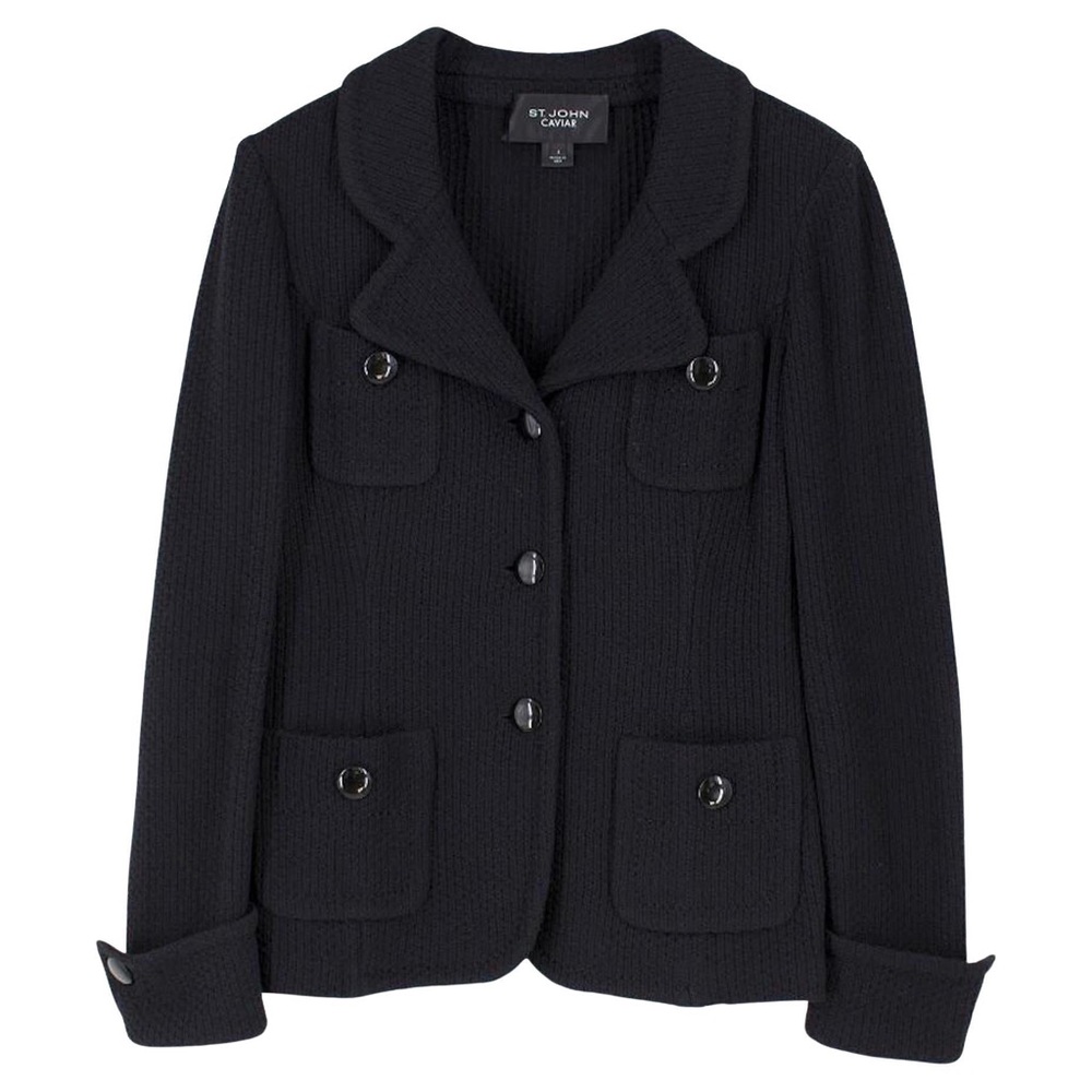 St. John Caviar Vintage Long Sleeve Black Knit Blazer Jacket Stretchy Pockets 6